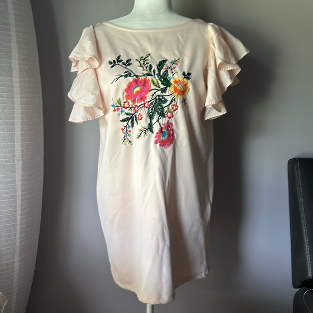 ZARA Women’s Floral Embroidered Flutter Sleeve Dress